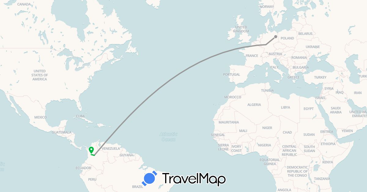 TravelMap itinerary: driving, bus, plane in Colombia, Germany (Europe, South America)
